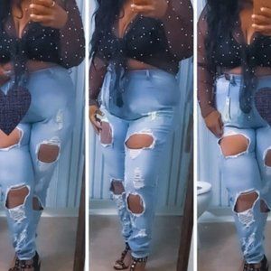 Distressed Denim Jeans and Top Set